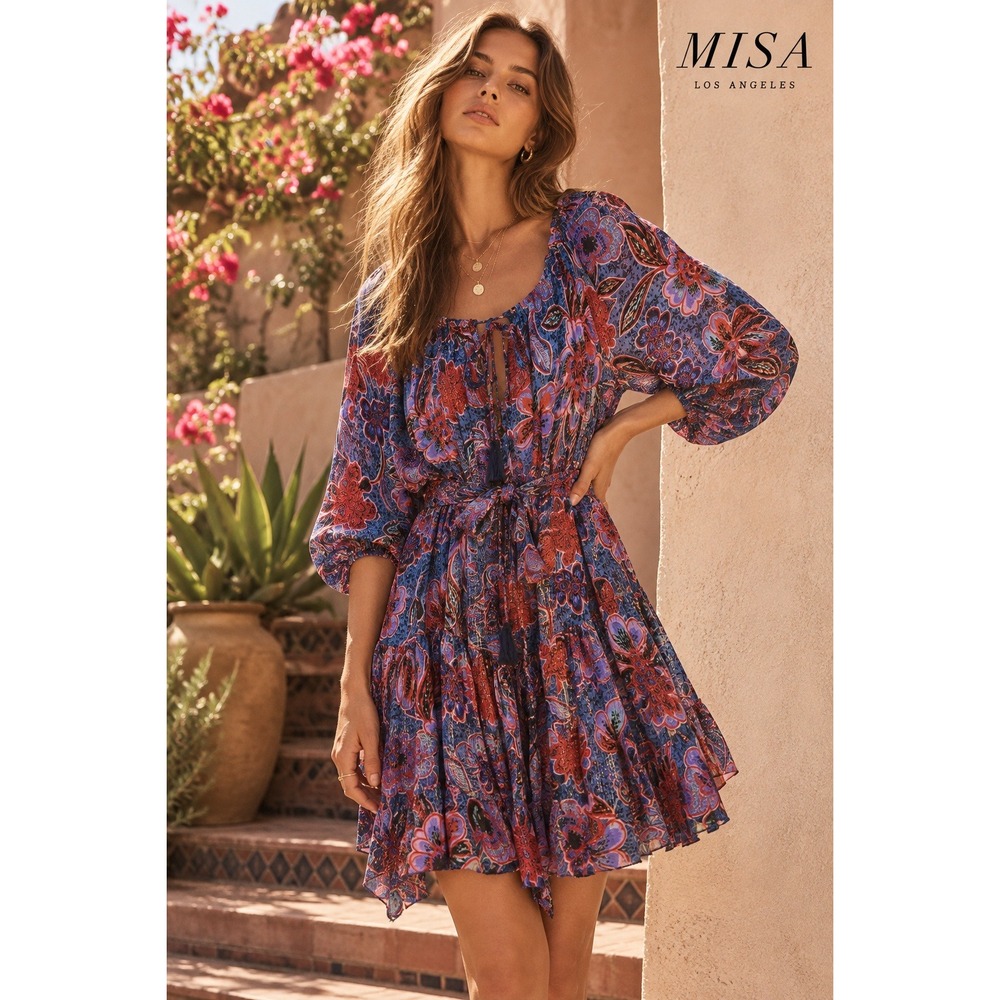 MISA Los Angeles Floral Metallic Mini Dress Blue Red Paisley Boho XS Retail $375